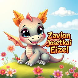 A charming cartoon-style baby dragon with vibrant scales, large expressive eyes, and a playful expression