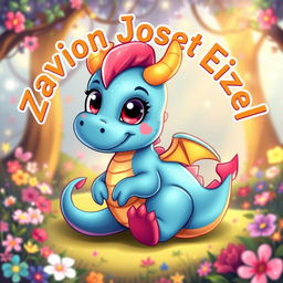 A whimsical cartoon baby dragon with vibrant colors, featuring big, friendly eyes and tiny wings