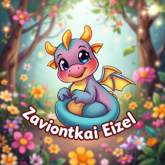 A whimsical cartoon baby dragon with vibrant colors, featuring big, friendly eyes and tiny wings