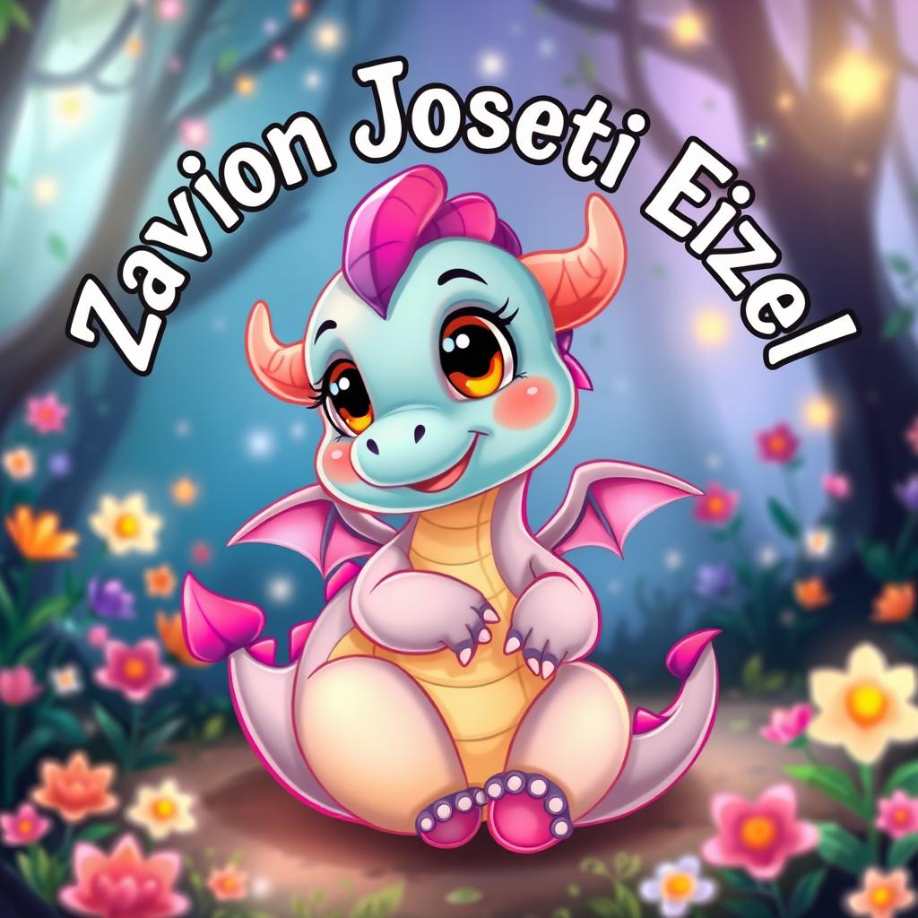 A whimsical cartoon baby dragon with vibrant colors, featuring big, friendly eyes and tiny wings