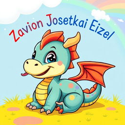 A cute cartoon baby dragon with vibrant scales, bright eyes, and tiny wings, playfully positioned