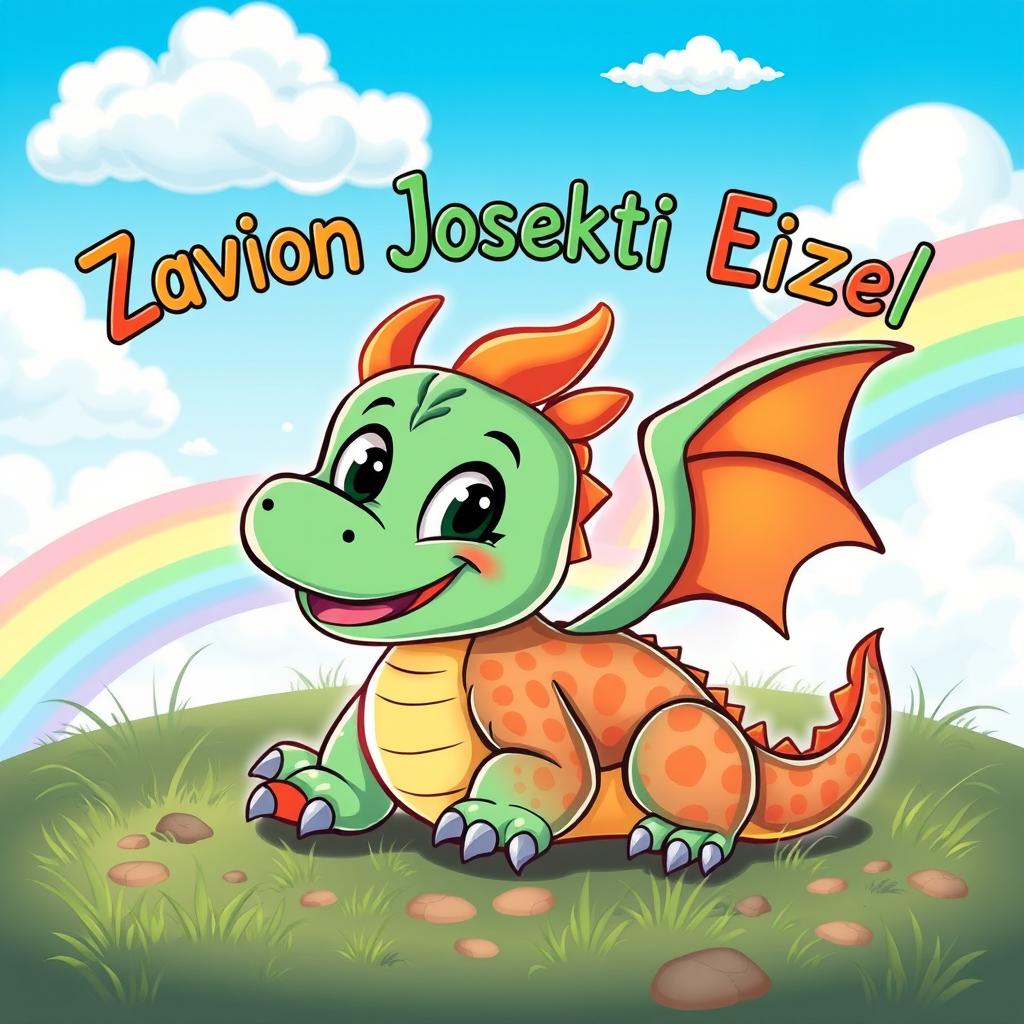 A cute cartoon baby dragon with vibrant scales, bright eyes, and tiny wings, playfully positioned