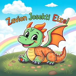 A cute cartoon baby dragon with vibrant scales, bright eyes, and tiny wings, playfully positioned