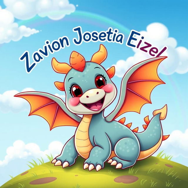 A cute cartoon baby dragon with vibrant scales, bright eyes, and tiny wings, playfully positioned