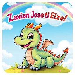 A cute cartoon baby dragon with vibrant scales, bright eyes, and tiny wings, playfully positioned