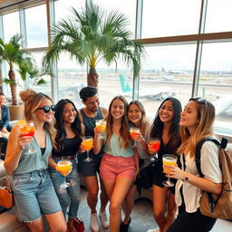 A group of friends celebrating at an airport lounge, holding refreshing cocktails and wearing stylish travel outfits