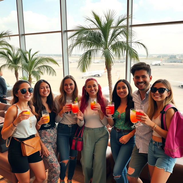 A group of friends celebrating at an airport lounge, holding refreshing cocktails and wearing stylish travel outfits