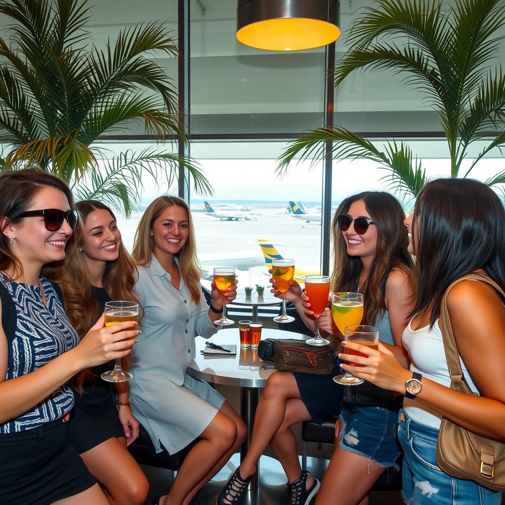 A group of friends celebrating at an airport lounge, holding refreshing cocktails and wearing stylish travel outfits