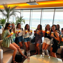 A group of friends celebrating at an airport lounge, holding refreshing cocktails and wearing stylish travel outfits