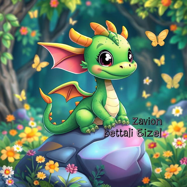 A whimsical cartoon baby dragon, featuring vibrant green scales, oversized cute eyes, and tiny wings