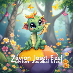 A whimsical cartoon baby dragon, featuring vibrant green scales, oversized cute eyes, and tiny wings