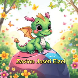A whimsical cartoon baby dragon, featuring vibrant green scales, oversized cute eyes, and tiny wings