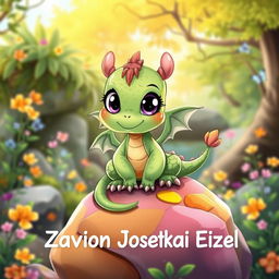 A whimsical cartoon baby dragon, featuring vibrant green scales, oversized cute eyes, and tiny wings