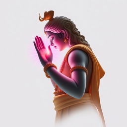 A serene depiction of Shree Krishna in a side view, showcasing a graceful hand gesture with radiant light emitting from his hand