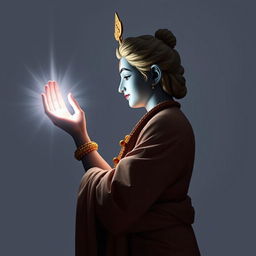 A serene depiction of Shree Krishna in a side view, showcasing a graceful hand gesture with radiant light emitting from his hand
