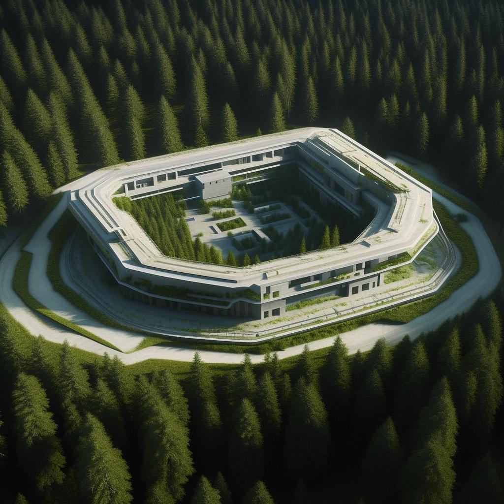 aerial view futuristic maximum-security penitentiary in the middle of forest in broad daylight based on https://files.dreamhome.software/files/static/36926