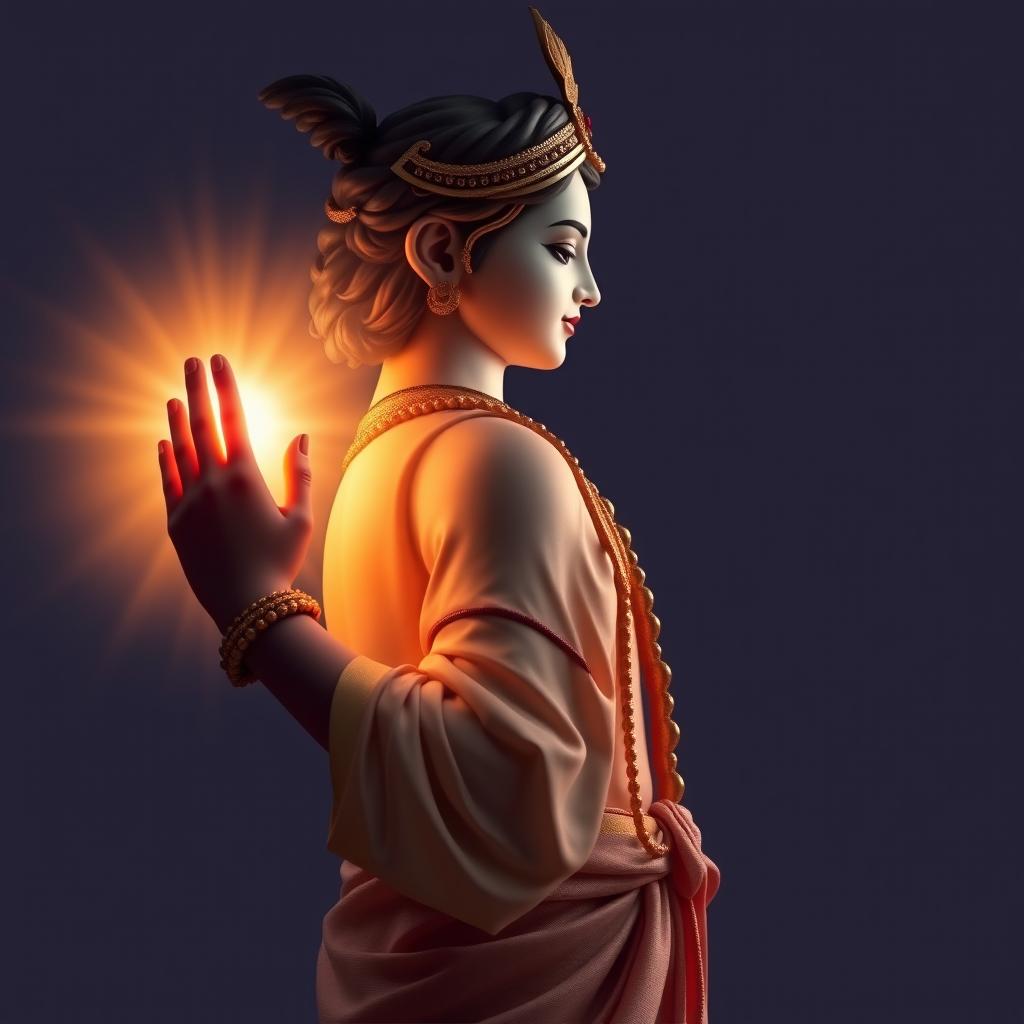 A serene depiction of Shree Krishna in a side view, showcasing a graceful hand gesture with radiant light emitting from his hand