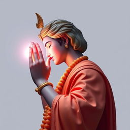 A serene depiction of Shree Krishna in a side view, showcasing a graceful hand gesture with radiant light emitting from his hand