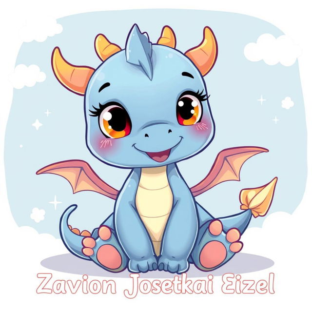 A cute and colorful cartoon illustration of a baby dragon, playful and whimsical, with large sparkling eyes and tiny wings