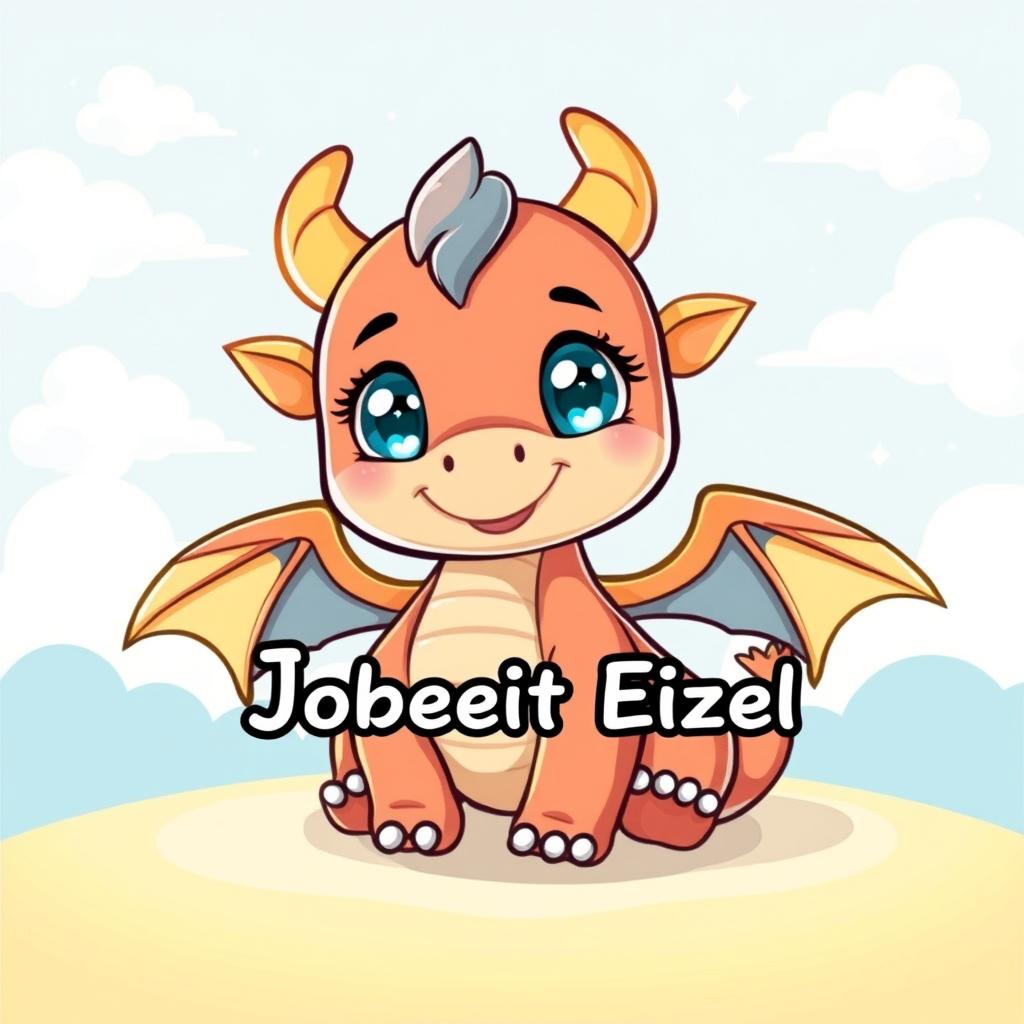 A cute and colorful cartoon illustration of a baby dragon, playful and whimsical, with large sparkling eyes and tiny wings