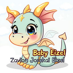A cute and colorful cartoon illustration of a baby dragon, playful and whimsical, with large sparkling eyes and tiny wings