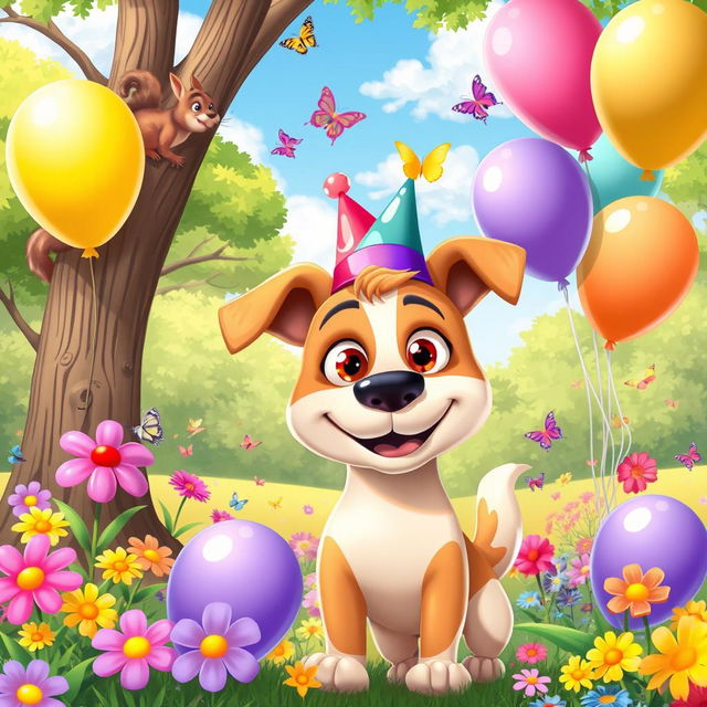 A whimsical scene featuring a cartoonish dog with a funny face, oversized eyes, and a goofy expression, standing in a sunny park filled with vibrant flowers and playful butterflies