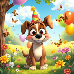 A whimsical scene featuring a cartoonish dog with a funny face, oversized eyes, and a goofy expression, standing in a sunny park filled with vibrant flowers and playful butterflies