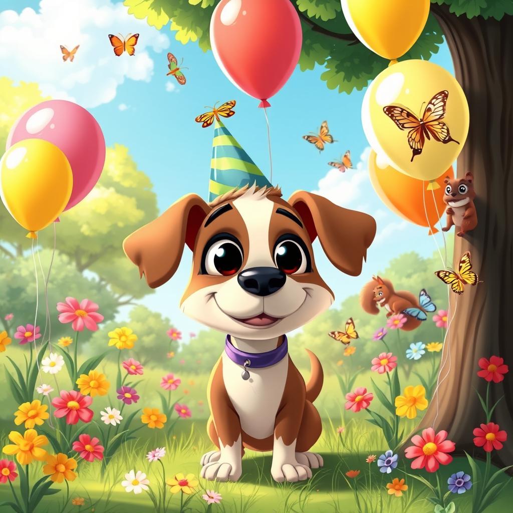 A whimsical scene featuring a cartoonish dog with a funny face, oversized eyes, and a goofy expression, standing in a sunny park filled with vibrant flowers and playful butterflies