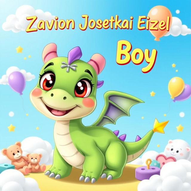 A cartoon baby dragon, featuring big, expressive eyes, a playful smile, and vibrant scales in shades of green and purple, playfully surrounded by fluffy white clouds and a bright blue sky