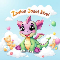 A cartoon baby dragon, featuring big, expressive eyes, a playful smile, and vibrant scales in shades of green and purple, playfully surrounded by fluffy white clouds and a bright blue sky