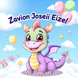 A cartoon baby dragon, featuring big, expressive eyes, a playful smile, and vibrant scales in shades of green and purple, playfully surrounded by fluffy white clouds and a bright blue sky