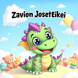 A cartoon baby dragon, featuring big, expressive eyes, a playful smile, and vibrant scales in shades of green and purple, playfully surrounded by fluffy white clouds and a bright blue sky