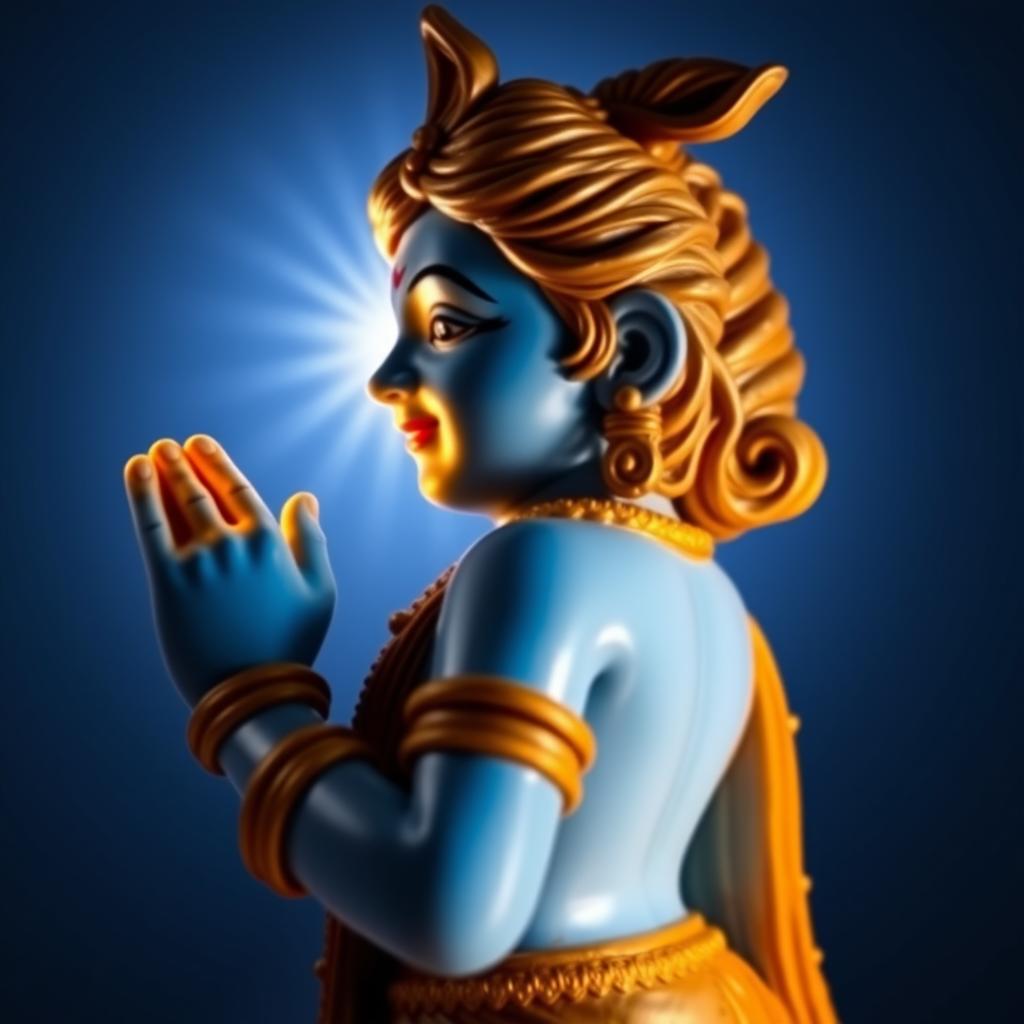 A blue Shree Krishna figure depicted from the side view, with a gentle smile and exquisite details