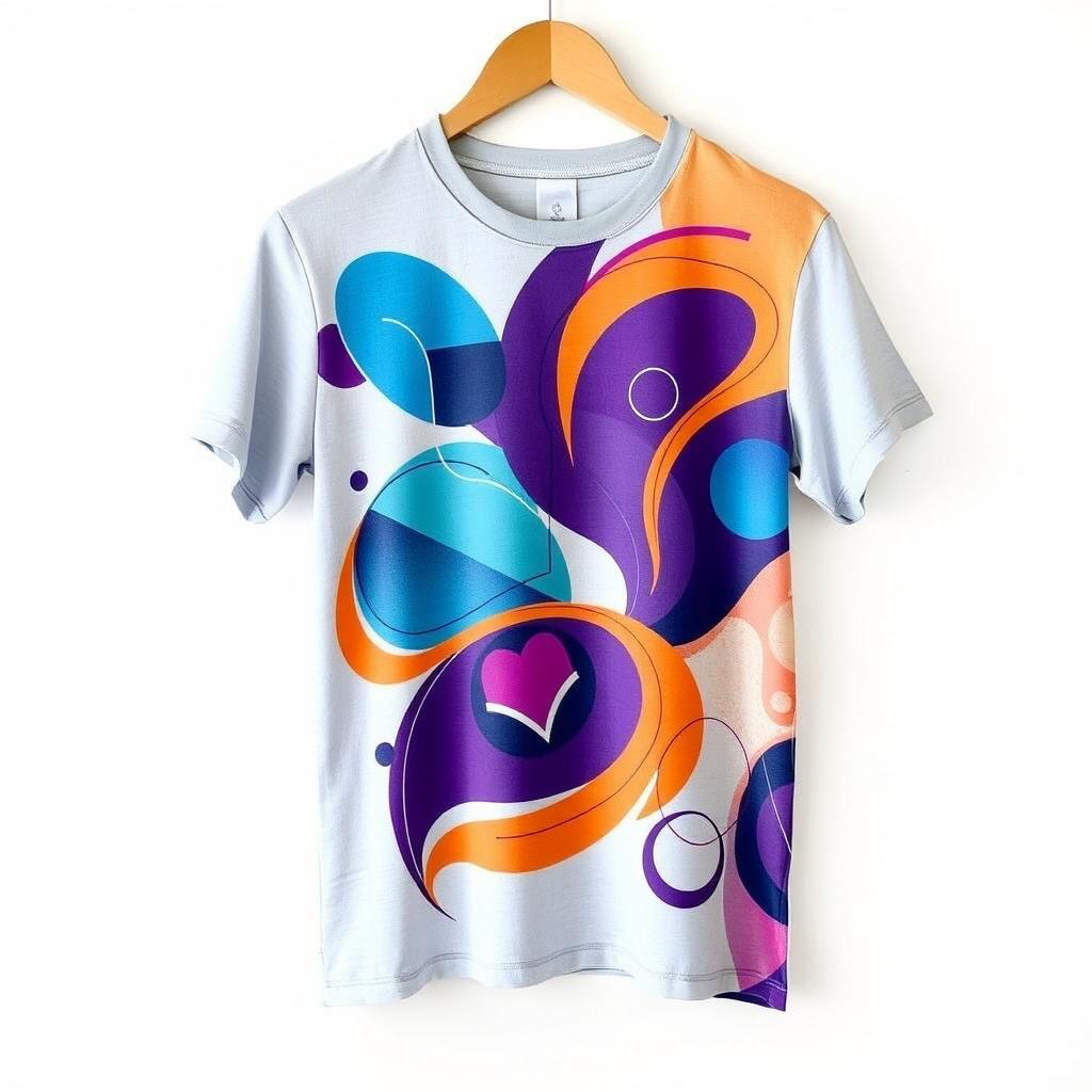 A stylish, modern graphic t-shirt featuring a vibrant and colorful abstract design with geometric shapes and swirling patterns