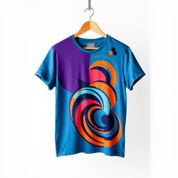 A stylish, modern graphic t-shirt featuring a vibrant and colorful abstract design with geometric shapes and swirling patterns