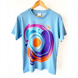 A stylish, modern graphic t-shirt featuring a vibrant and colorful abstract design with geometric shapes and swirling patterns