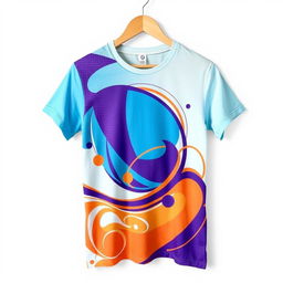 A stylish, modern graphic t-shirt featuring a vibrant and colorful abstract design with geometric shapes and swirling patterns