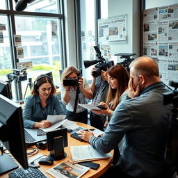 A group of journalists engaged in a lively discussion at a modern newsroom, with computers and cameras around