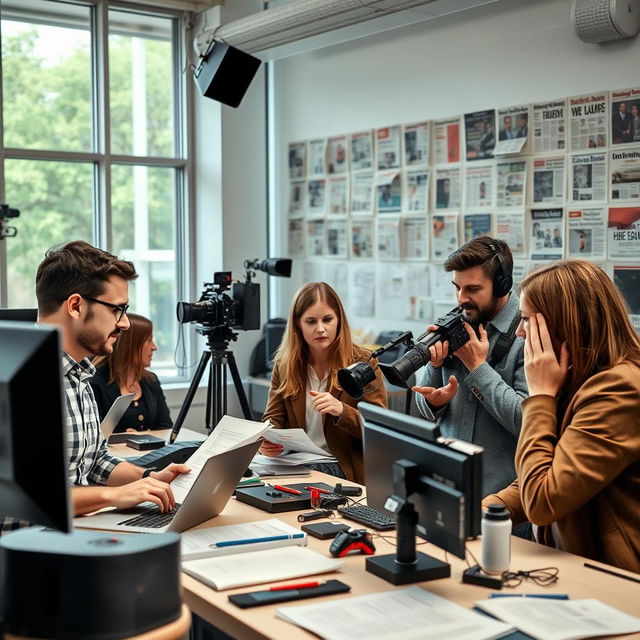 A group of journalists engaged in a lively discussion at a modern newsroom, with computers and cameras around