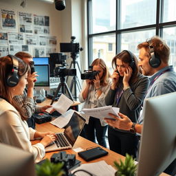 A group of journalists engaged in a lively discussion at a modern newsroom, with computers and cameras around