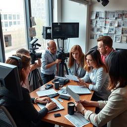 A group of journalists engaged in a lively discussion at a modern newsroom, with computers and cameras around