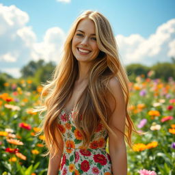 A stunning woman with long, flowing hair cascading down her back, originally light blonde, now transformed into a rich chestnut brown, reflecting warm hues in the sunlight