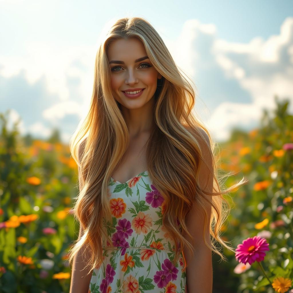 A stunning woman with long, flowing hair cascading down her back, originally light blonde, now transformed into a rich chestnut brown, reflecting warm hues in the sunlight