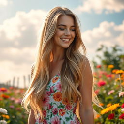 A stunning woman with long, flowing hair cascading down her back, originally light blonde, now transformed into a rich chestnut brown, reflecting warm hues in the sunlight