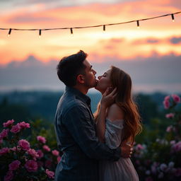 A romantic scene depicting a loving couple sharing a tender kiss under a beautiful twilight sky, with soft pastel colors illuminating the surroundings