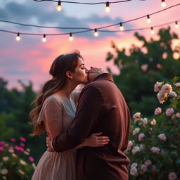 A romantic scene depicting a loving couple sharing a tender kiss under a beautiful twilight sky, with soft pastel colors illuminating the surroundings