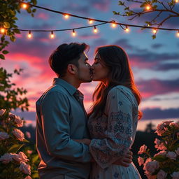 A romantic scene depicting a loving couple sharing a tender kiss under a beautiful twilight sky, with soft pastel colors illuminating the surroundings