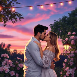 A romantic scene depicting a loving couple sharing a tender kiss under a beautiful twilight sky, with soft pastel colors illuminating the surroundings