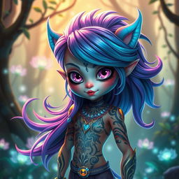 A fantastical avatar-style character with vibrant colors, large expressive eyes, and a dynamic, stylized design