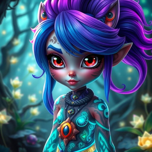 A fantastical avatar-style character with vibrant colors, large expressive eyes, and a dynamic, stylized design